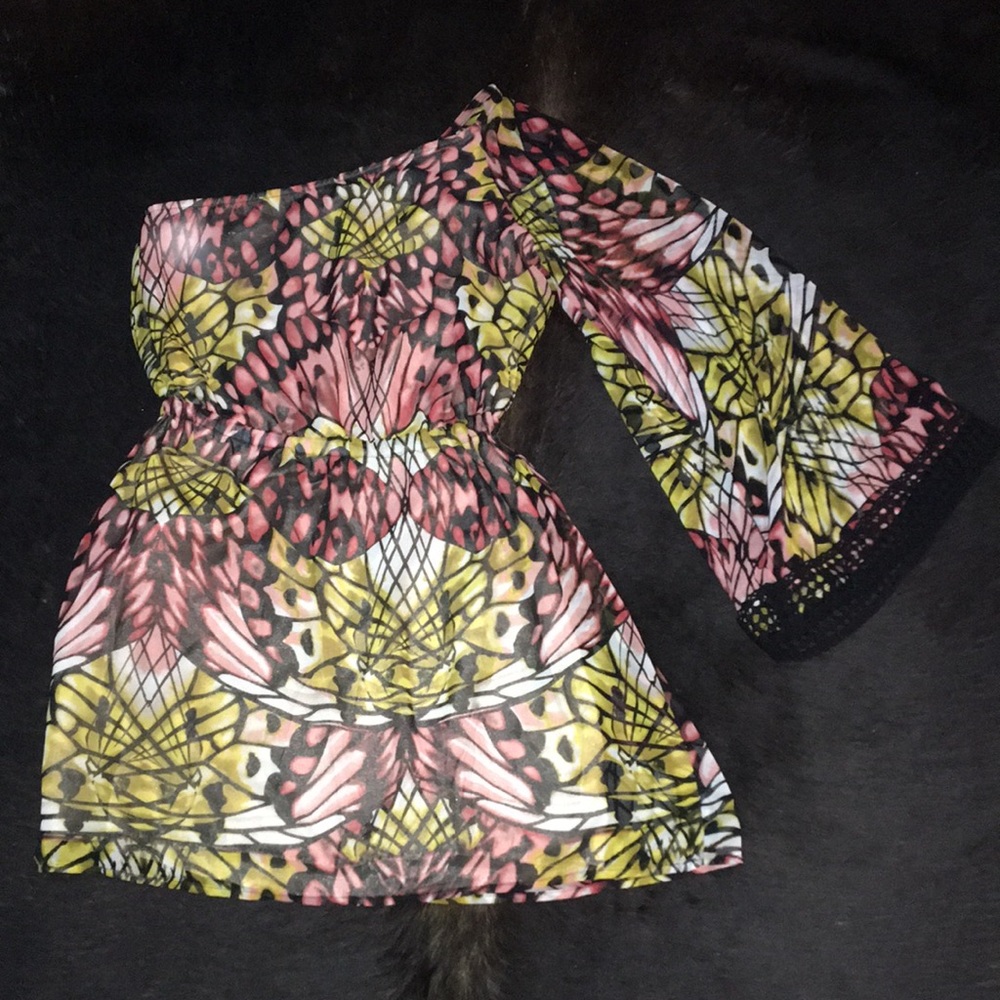 2b bebe, one shoulder, multicolor dress,